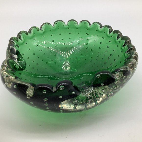 Murano MCM Handblown Bullicante Emerald Green Glass Ashtray/Bowl - Picture 5 of 12